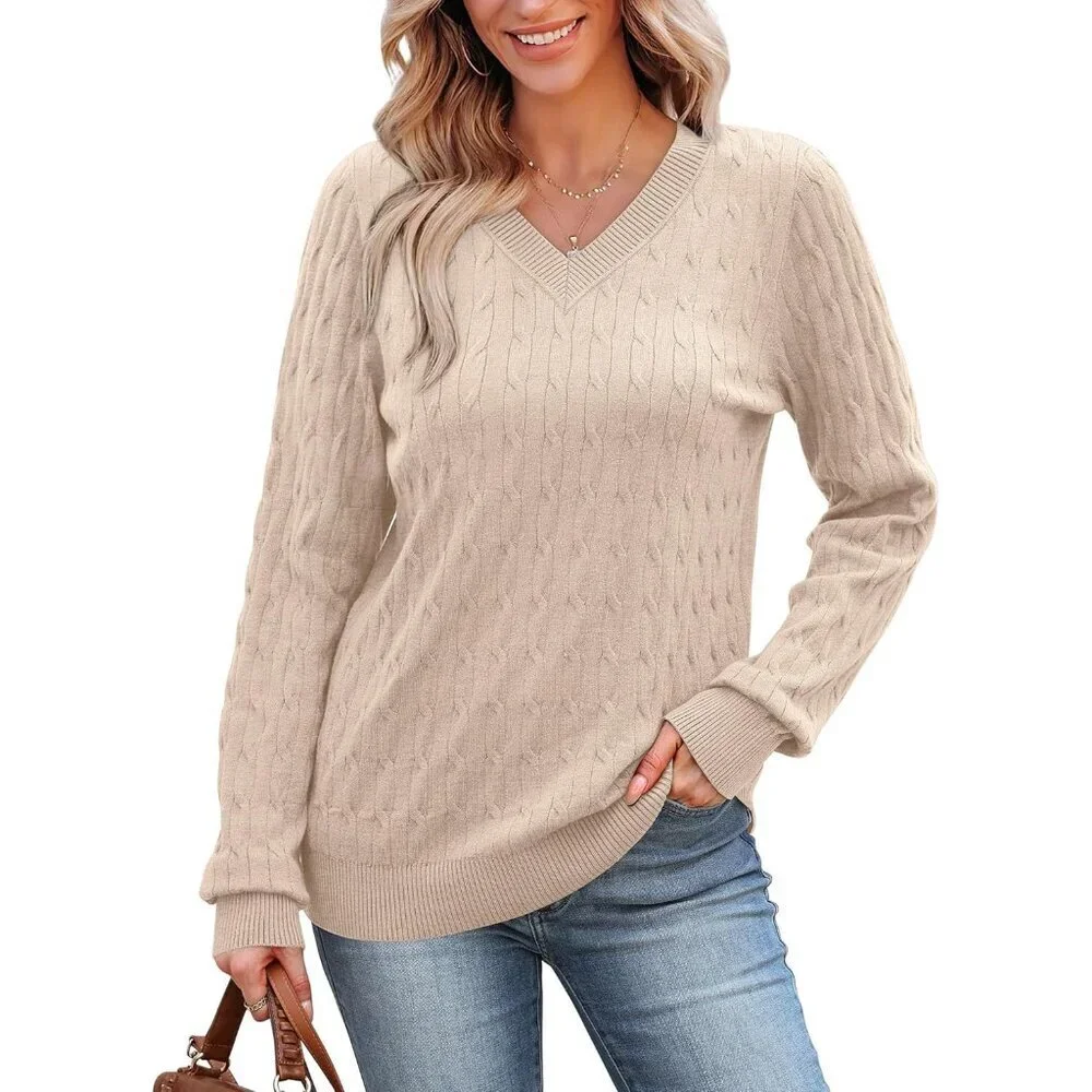 Women's Cable Knit Sweater V Neck Lightweight Fall Casual Business Wear
